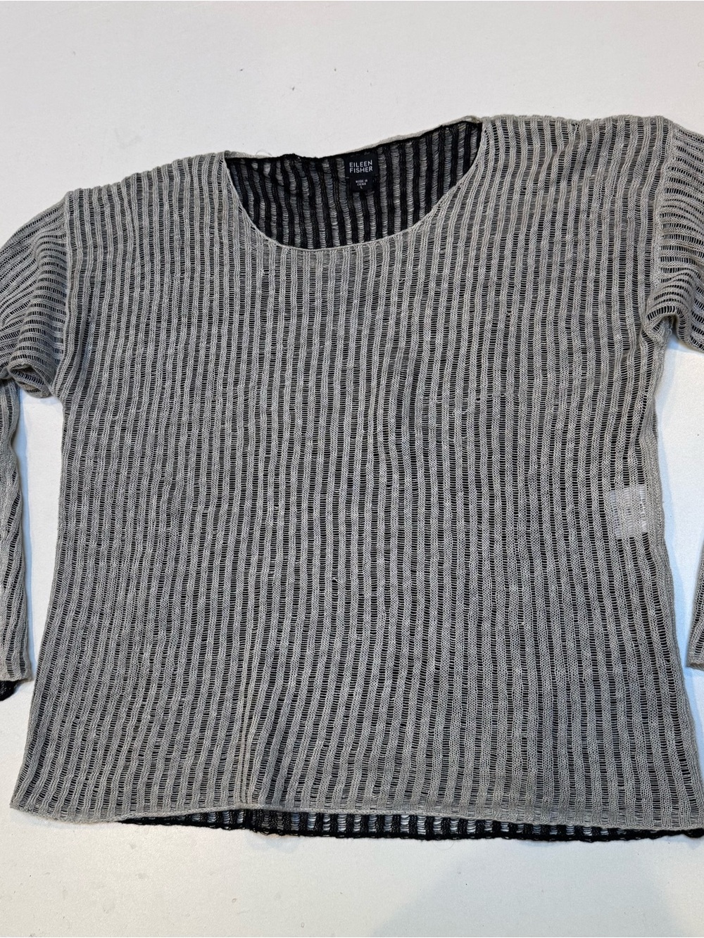 Eileen Fisher Gray Striped Rib-Knit Scoop Neck Sweater